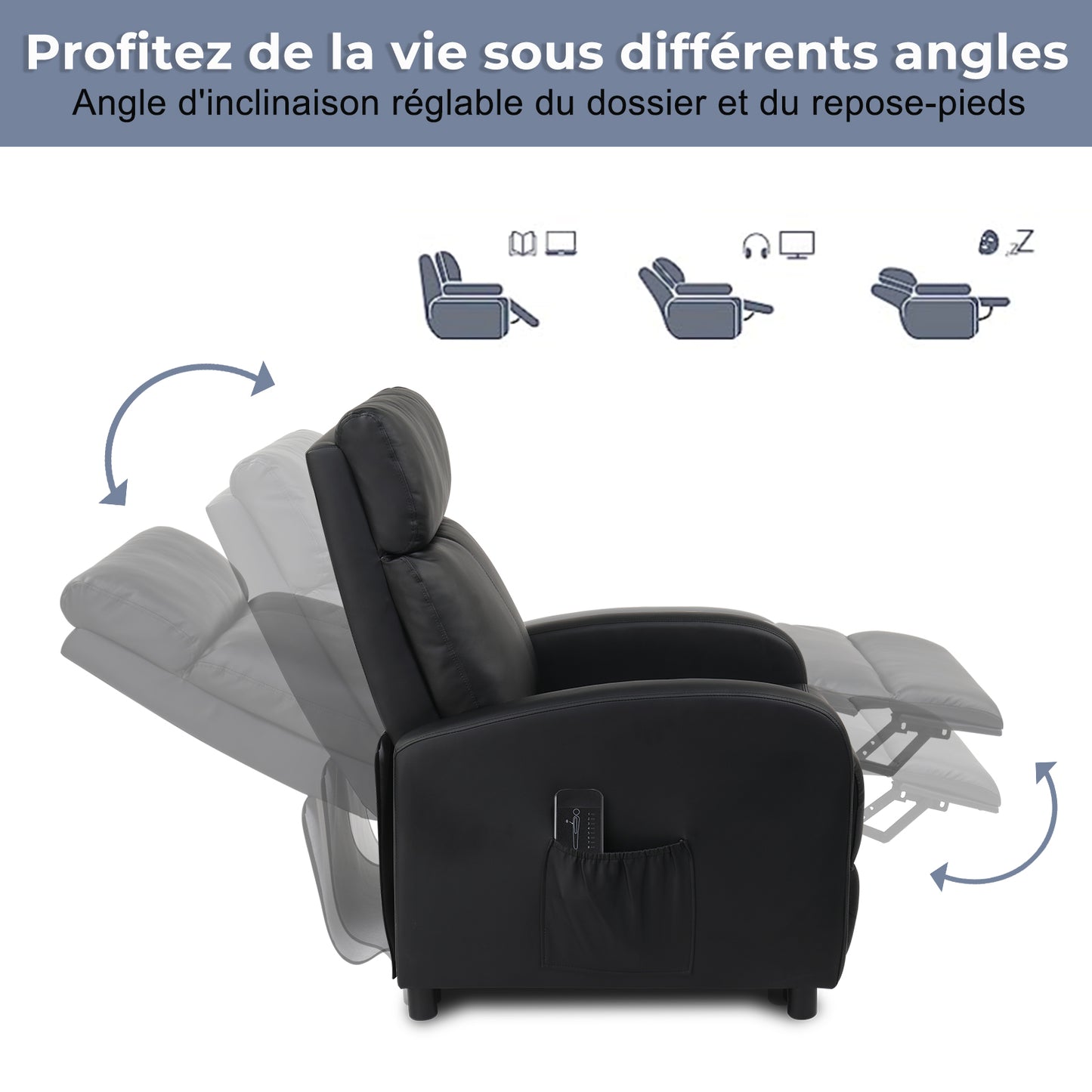 Electric Recliner with Massage and Heat, PU Leather Recliner Chair Sofa for Living Room Home Theater, Black