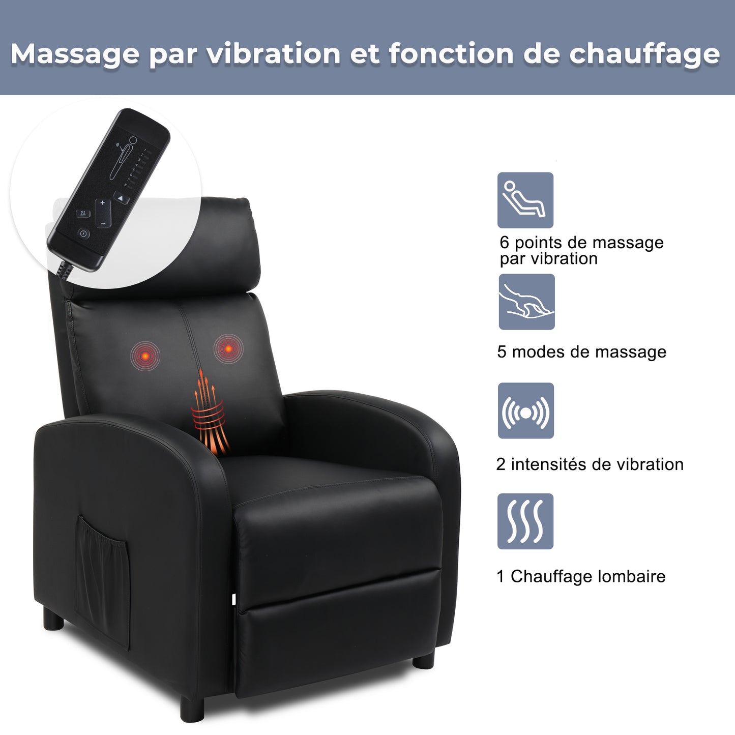 Electric Recliner with Massage and Heat, PU Leather Recliner Chair Sofa for Living Room Home Theater, Black