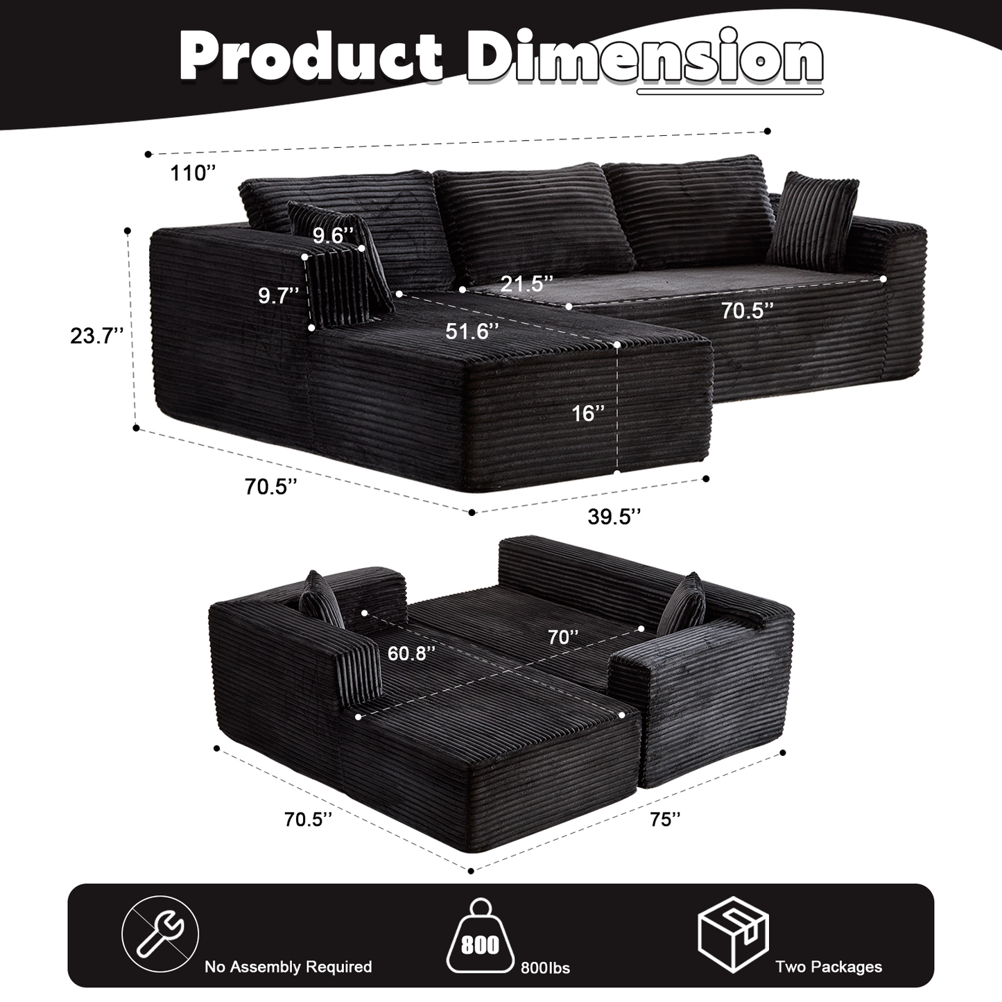 Compression Sectional Couch with Comfy Chaise, Boneless L Shape Sofa with Deep Seat, Minimalist Modular Couches Sleeper for Living Room Bedroom Apartment Lounge,corduroy,Black
