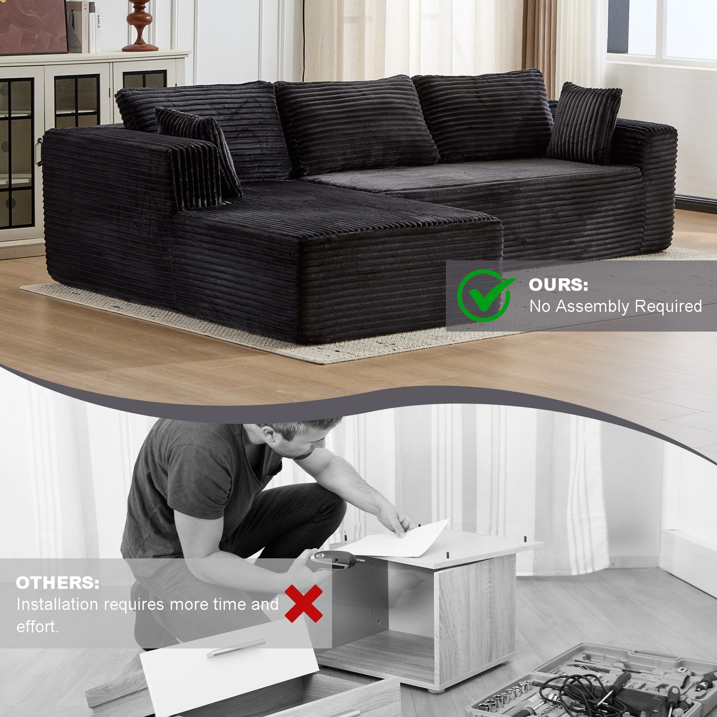 Compression Sectional Couch with Comfy Chaise, Boneless L Shape Sofa with Deep Seat, Minimalist Modular Couches Sleeper for Living Room Bedroom Apartment Lounge,corduroy,Black