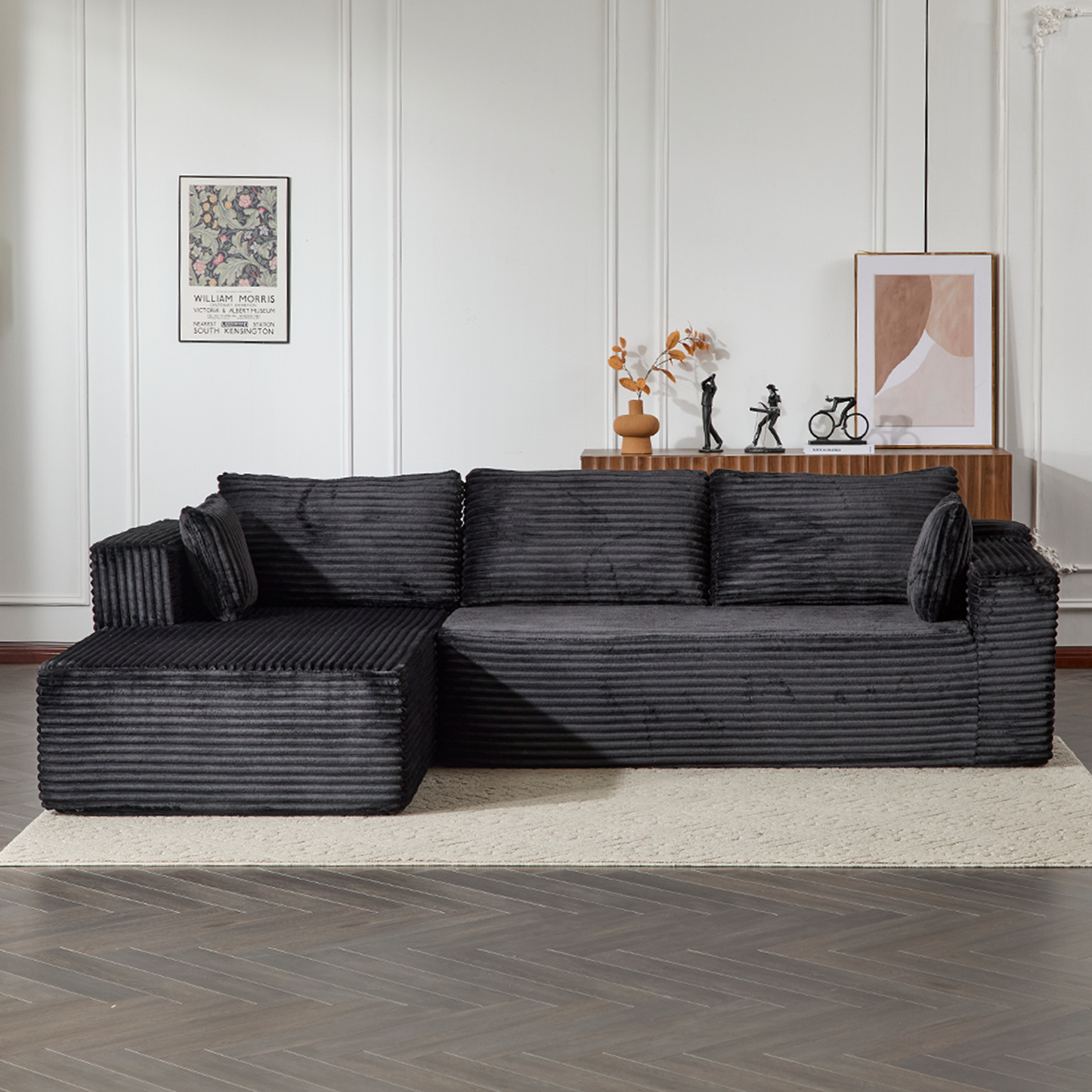 Compression Sectional Couch with Comfy Chaise, Boneless L Shape Sofa with Deep Seat, Minimalist Modular Couches Sleeper for Living Room Bedroom Apartment Lounge,corduroy,Black