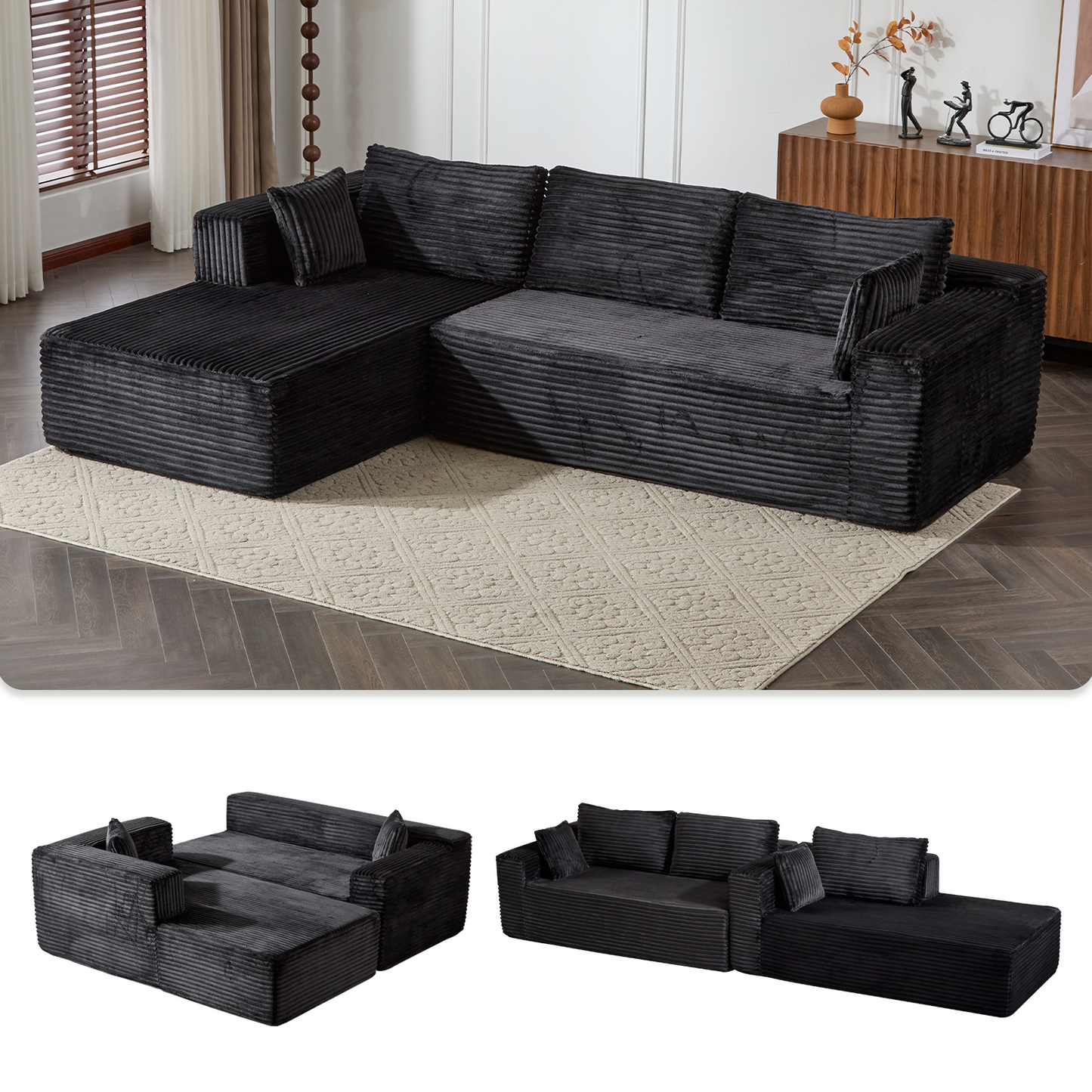 Compression Sectional Couch with Comfy Chaise, Boneless L Shape Sofa with Deep Seat, Minimalist Modular Couches Sleeper for Living Room Bedroom Apartment Lounge,corduroy,Black