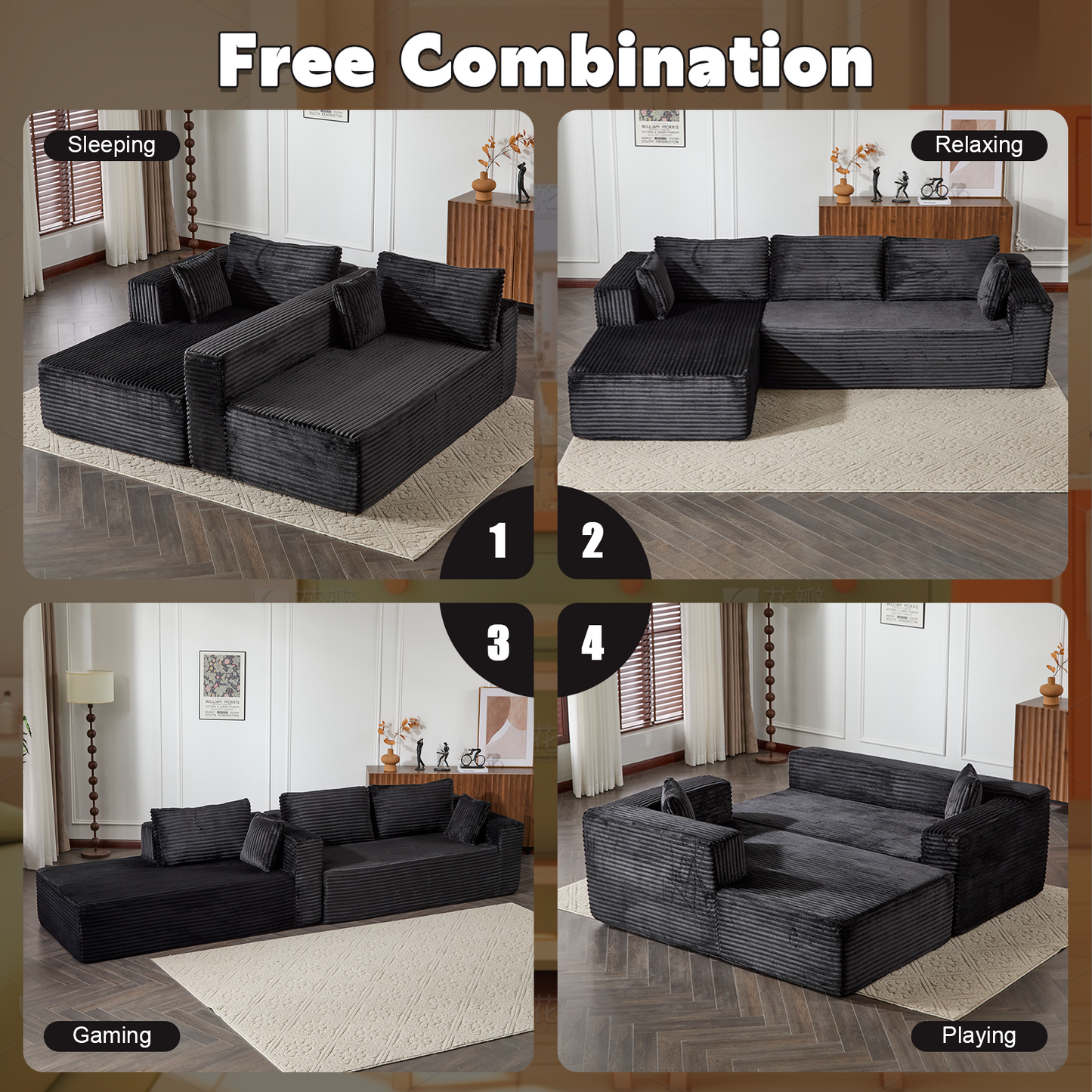 Compression Sectional Couch with Comfy Chaise, Boneless L Shape Sofa with Deep Seat, Minimalist Modular Couches Sleeper for Living Room Bedroom Apartment Lounge,corduroy,Black