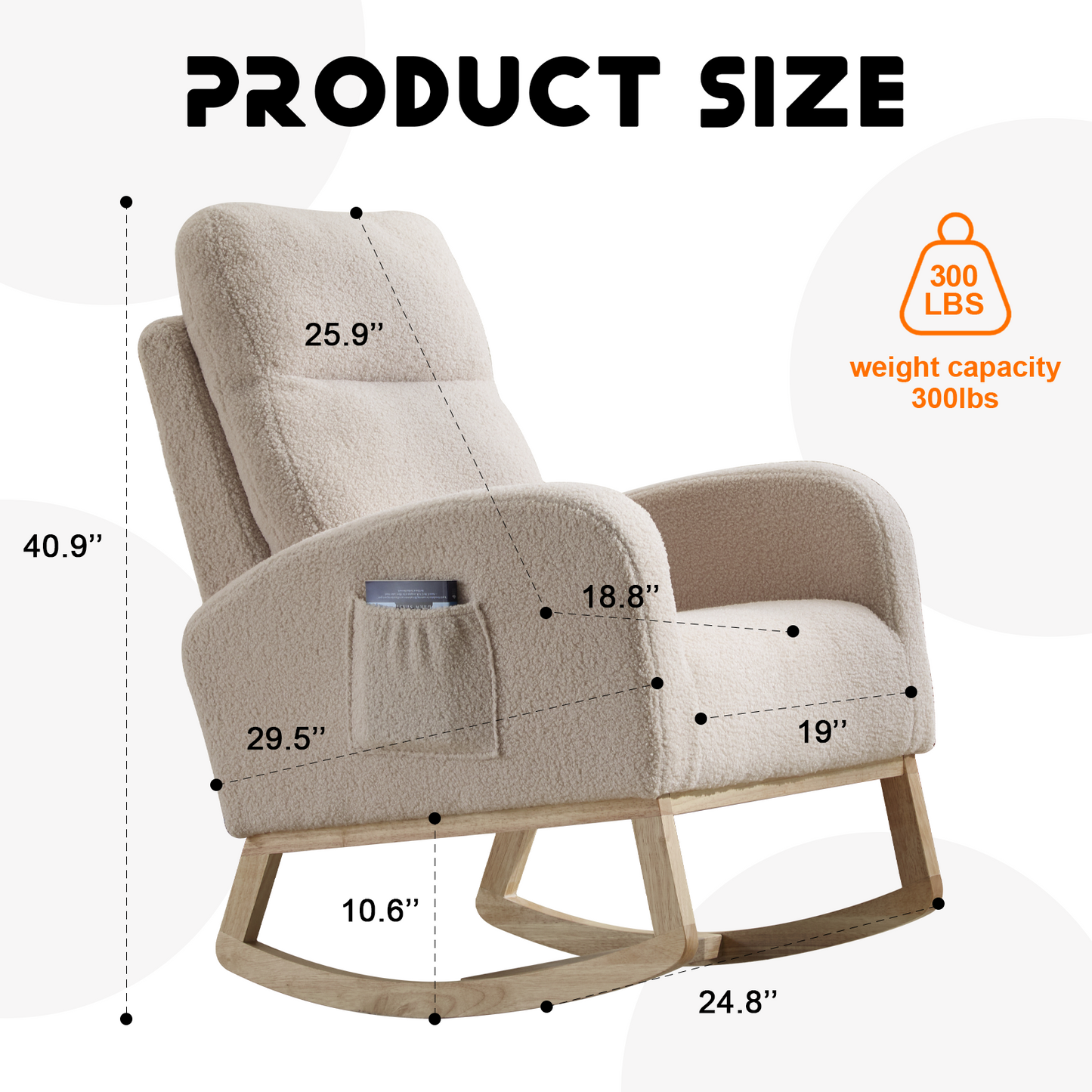 Modern Accent Rocking Chair Rocking Chair with Solid Wood Legs, Upholstered Nursery Glider Rocker, Comfy Armchair with Side Pocket, Living Room Lounge Arm Chair with High Backrest (Beige,teddy)