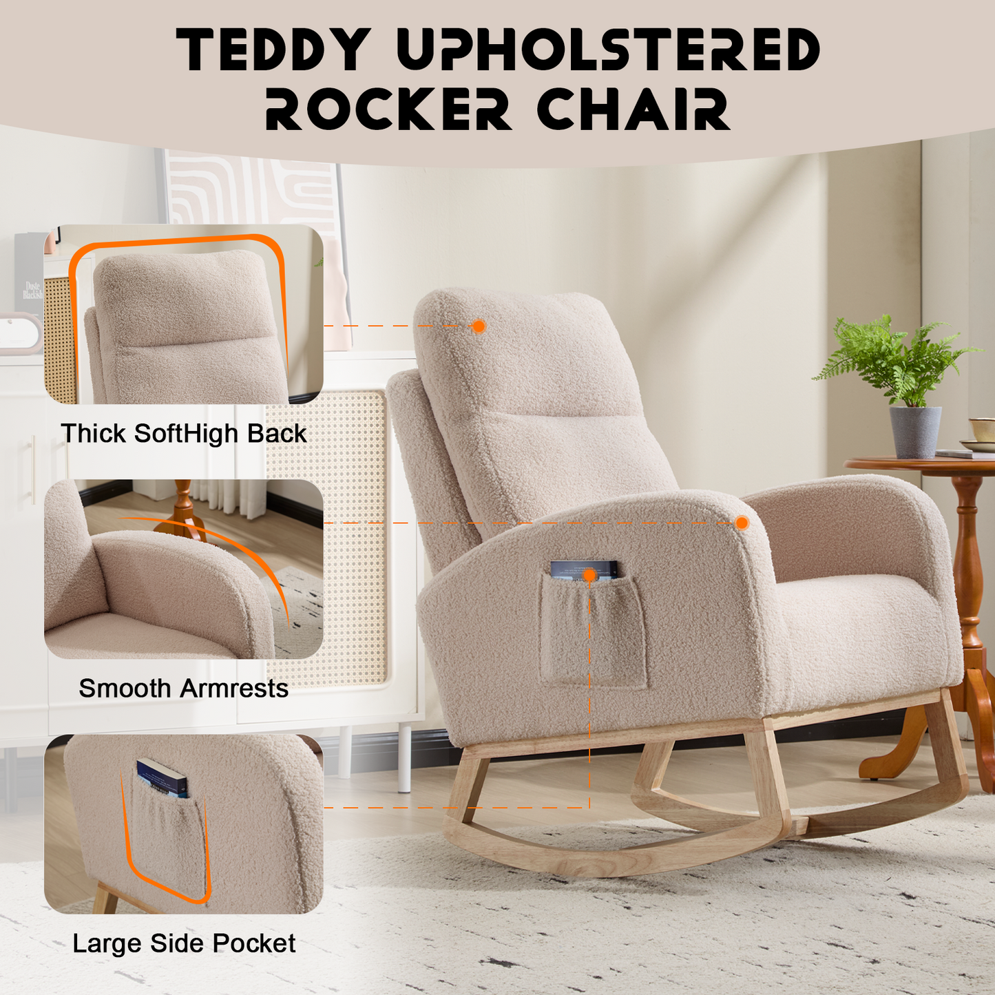 Modern Accent Rocking Chair Rocking Chair with Solid Wood Legs, Upholstered Nursery Glider Rocker, Comfy Armchair with Side Pocket, Living Room Lounge Arm Chair with High Backrest (Beige,teddy)