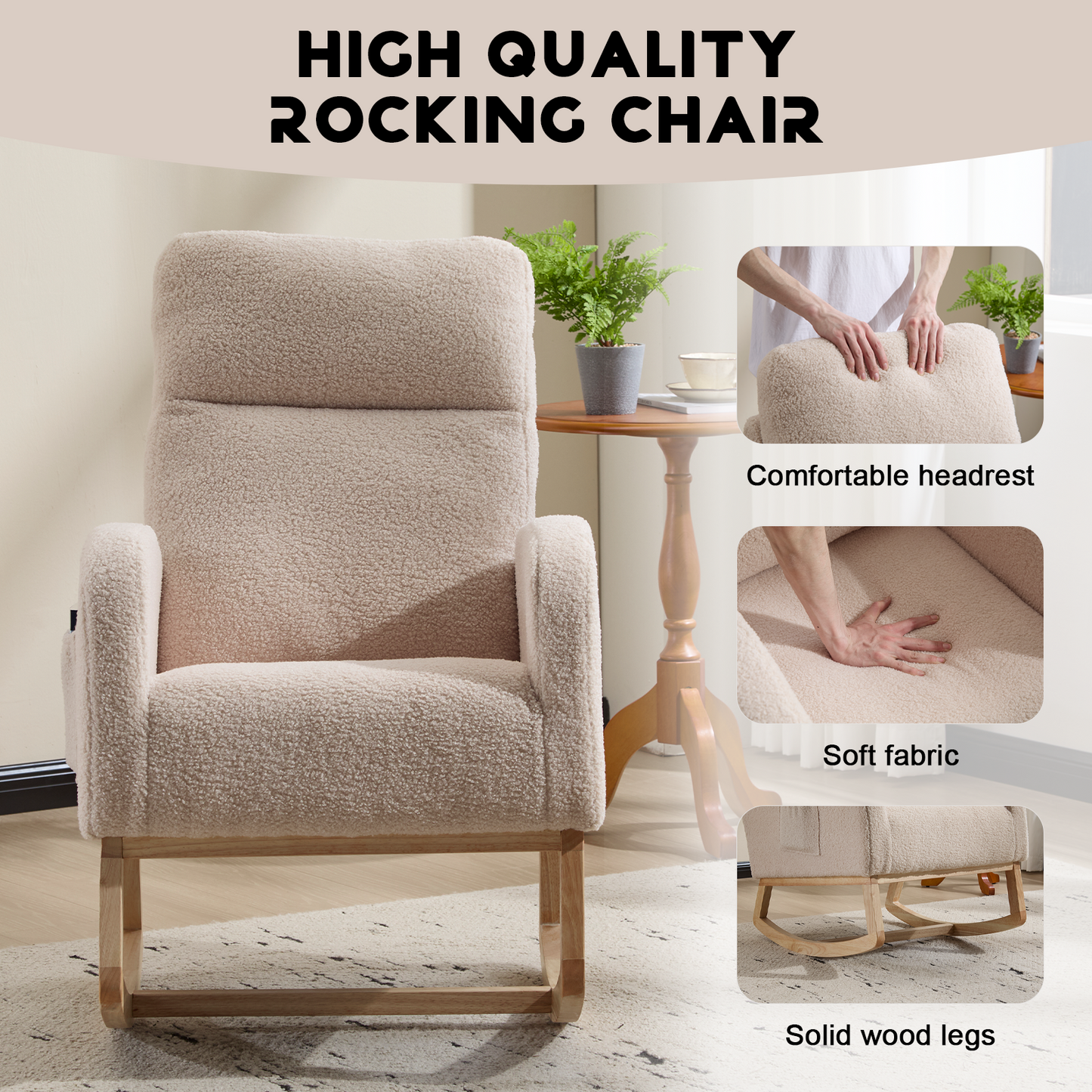 Modern Accent Rocking Chair Rocking Chair with Solid Wood Legs, Upholstered Nursery Glider Rocker, Comfy Armchair with Side Pocket, Living Room Lounge Arm Chair with High Backrest (Beige,teddy)