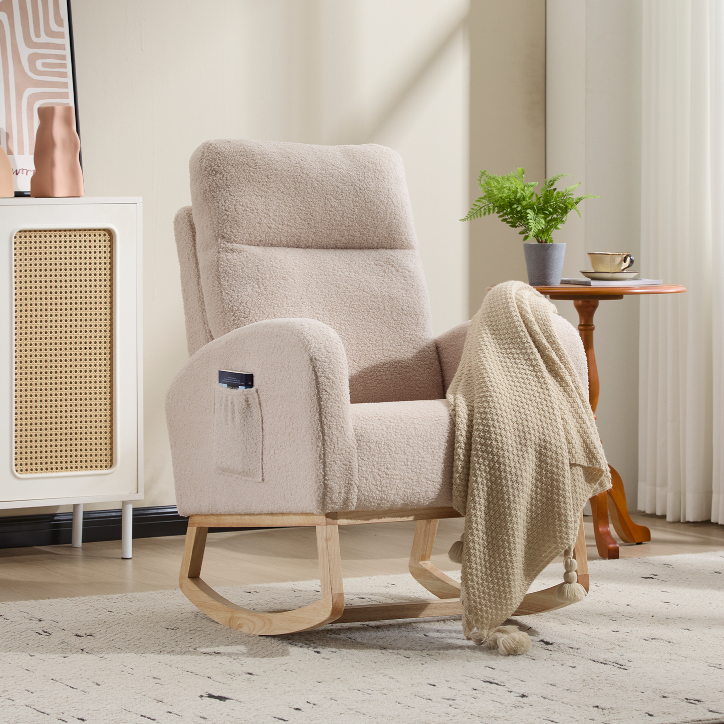 Modern Accent Rocking Chair Rocking Chair with Solid Wood Legs, Upholstered Nursery Glider Rocker, Comfy Armchair with Side Pocket, Living Room Lounge Arm Chair with High Backrest (Beige,teddy)