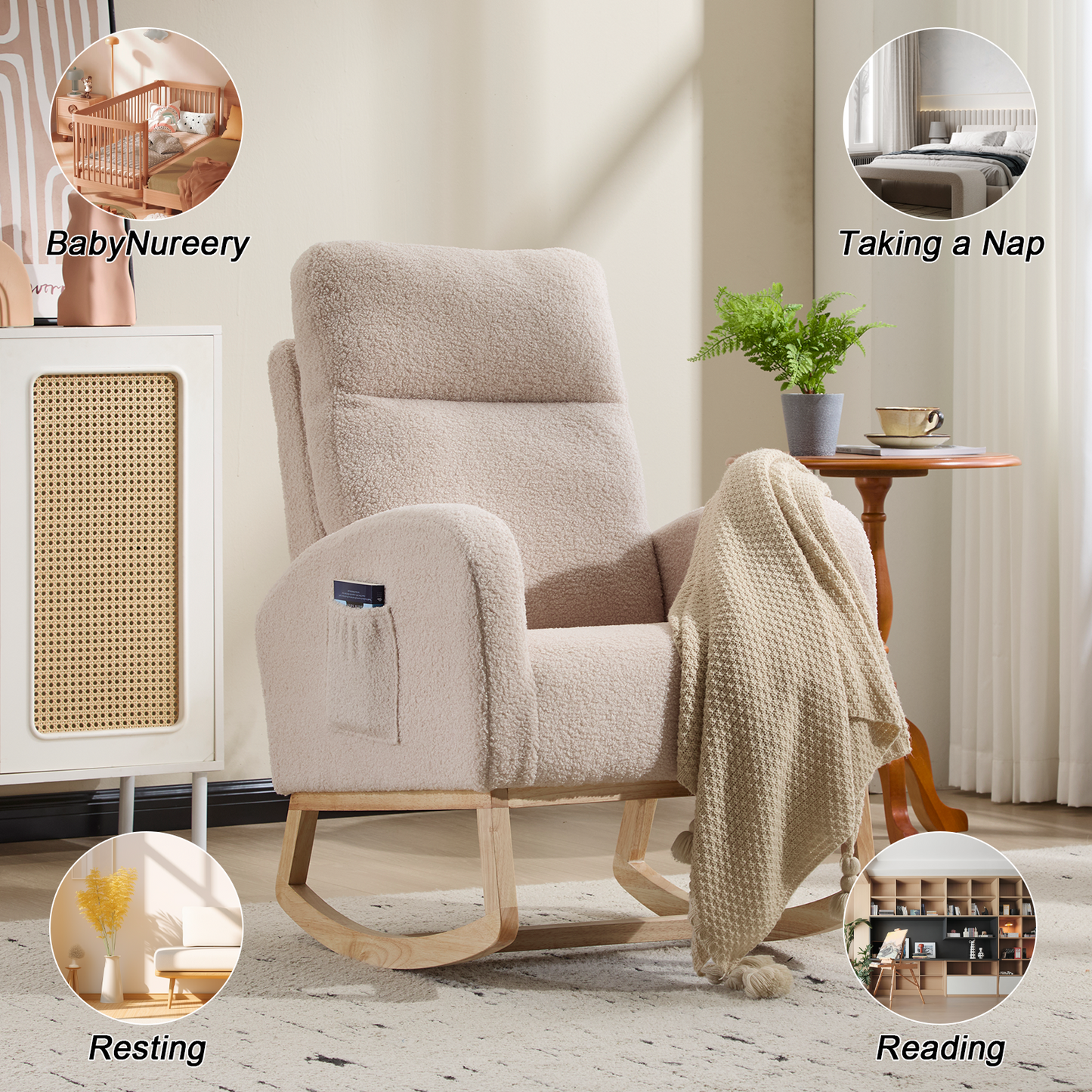 Modern Accent Rocking Chair Rocking Chair with Solid Wood Legs, Upholstered Nursery Glider Rocker, Comfy Armchair with Side Pocket, Living Room Lounge Arm Chair with High Backrest (Beige,teddy)