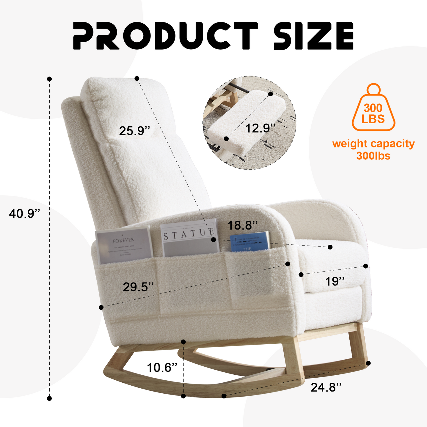 Modern Accent Rocking Chair Rocking Chair with Solid Wood Legs, Upholstered Nursery Glider Rocker, Comfy Armchair with Side Pocket, Living Room Lounge Arm Chair with High Backrest (White,teddy)