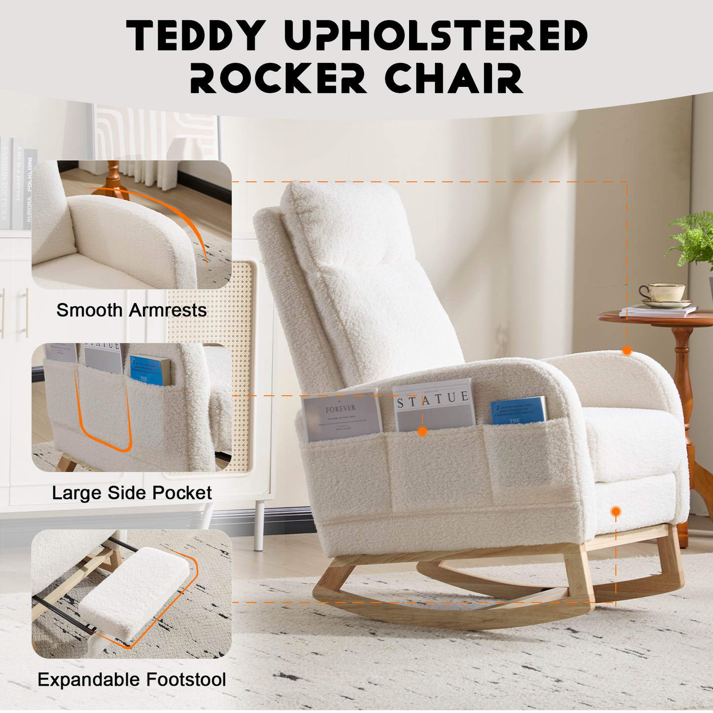 Modern Accent Rocking Chair Rocking Chair with Solid Wood Legs, Upholstered Nursery Glider Rocker, Comfy Armchair with Side Pocket, Living Room Lounge Arm Chair with High Backrest (White,teddy)
