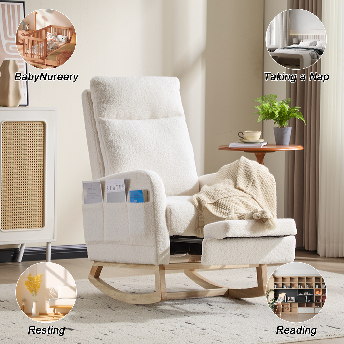 Modern Accent Rocking Chair Rocking Chair with Solid Wood Legs, Upholstered Nursery Glider Rocker, Comfy Armchair with Side Pocket, Living Room Lounge Arm Chair with High Backrest (White,teddy)