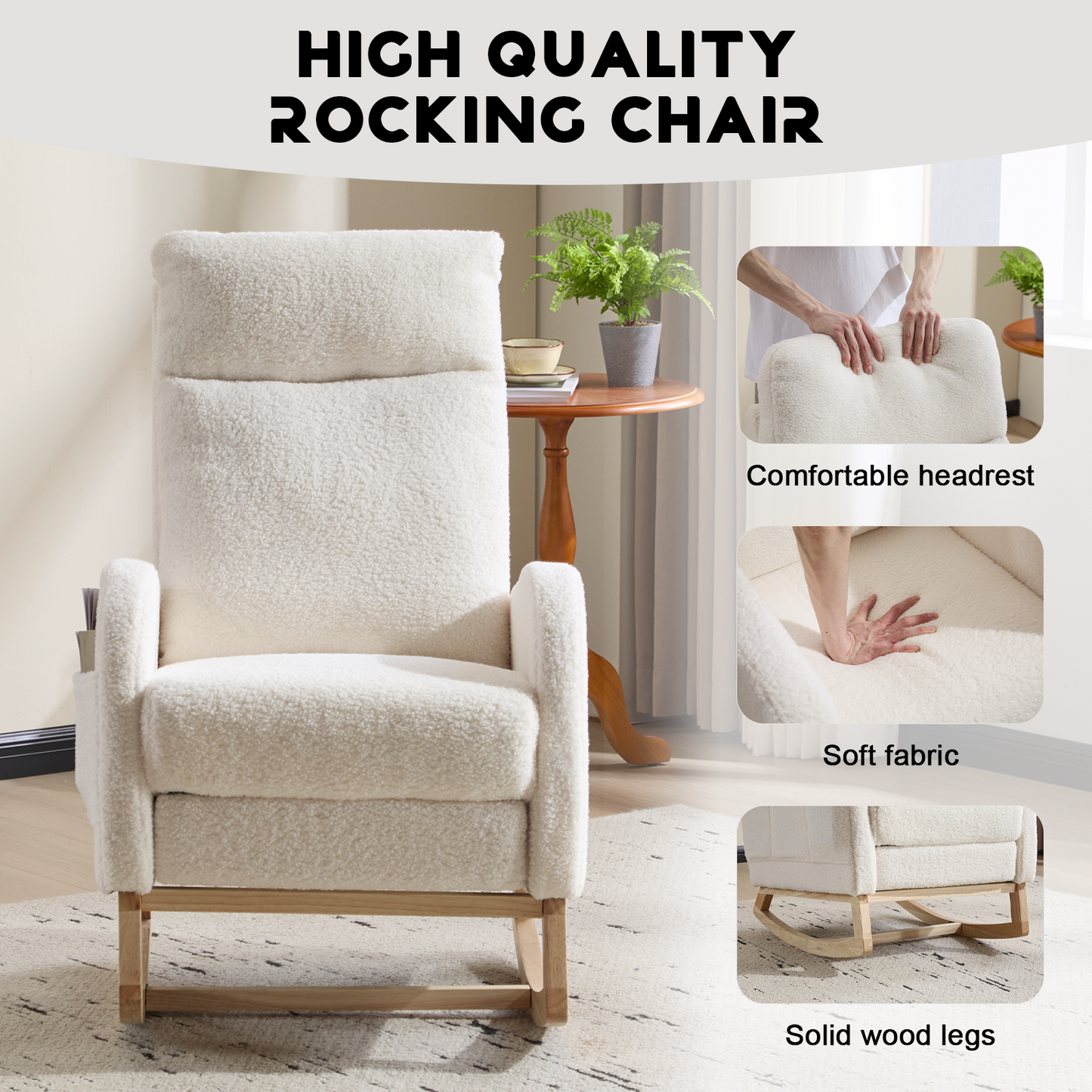 Modern Accent Rocking Chair Rocking Chair with Solid Wood Legs, Upholstered Nursery Glider Rocker, Comfy Armchair with Side Pocket, Living Room Lounge Arm Chair with High Backrest (White,teddy)