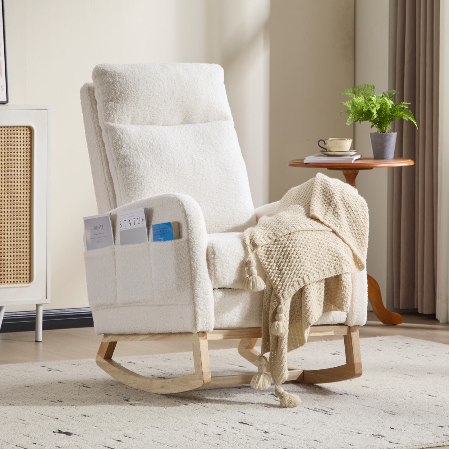 Modern Accent Rocking Chair Rocking Chair with Solid Wood Legs, Upholstered Nursery Glider Rocker, Comfy Armchair with Side Pocket, Living Room Lounge Arm Chair with High Backrest (White,teddy)