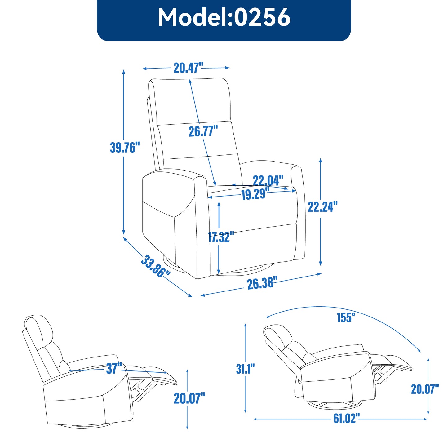 Manual Recliner Chair with Rocker and Swivel in Fabric for Living Room, Grey