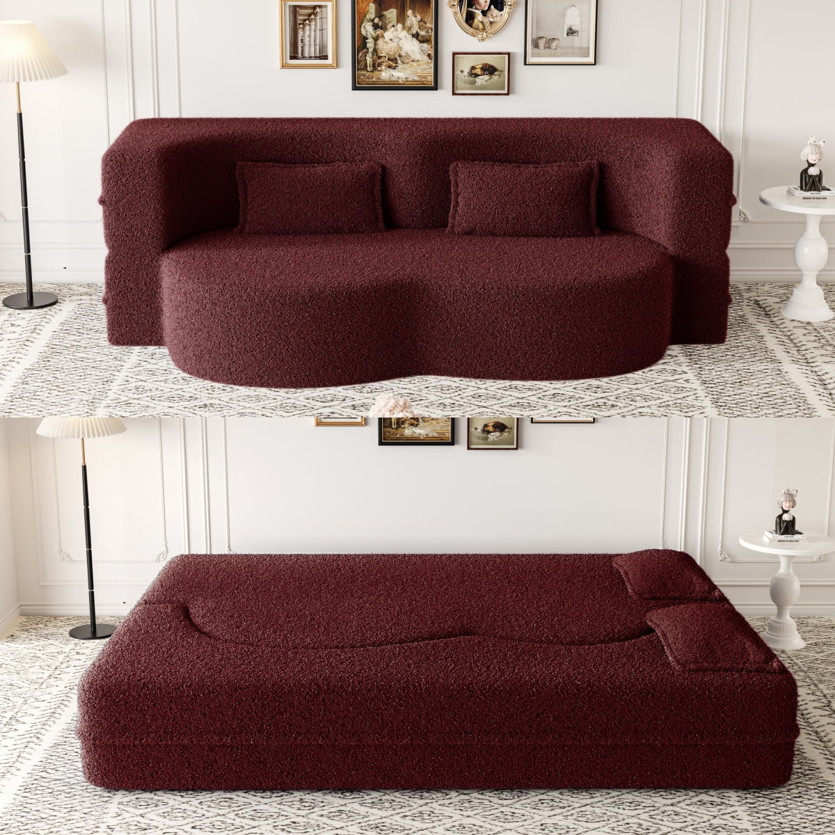Modern Floor Sofa with 2 Pillows,Convertible Teddy Fabric Foam-Filled Sleeper Sofa Bed,15" Full Size Folding Mattress for Living Room,Guest Bed,no assembly required,Burgundy
