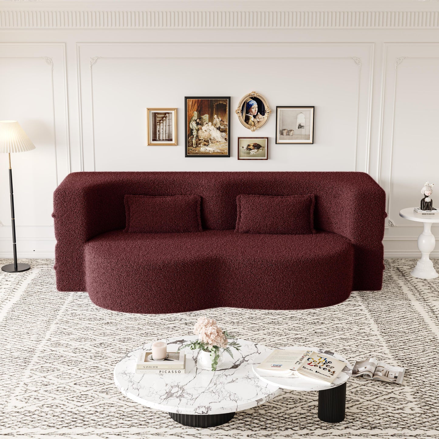 Modern Floor Sofa with 2 Pillows,Convertible Teddy Fabric Foam-Filled Sleeper Sofa Bed,15" Full Size Folding Mattress for Living Room,Guest Bed,no assembly required,Burgundy