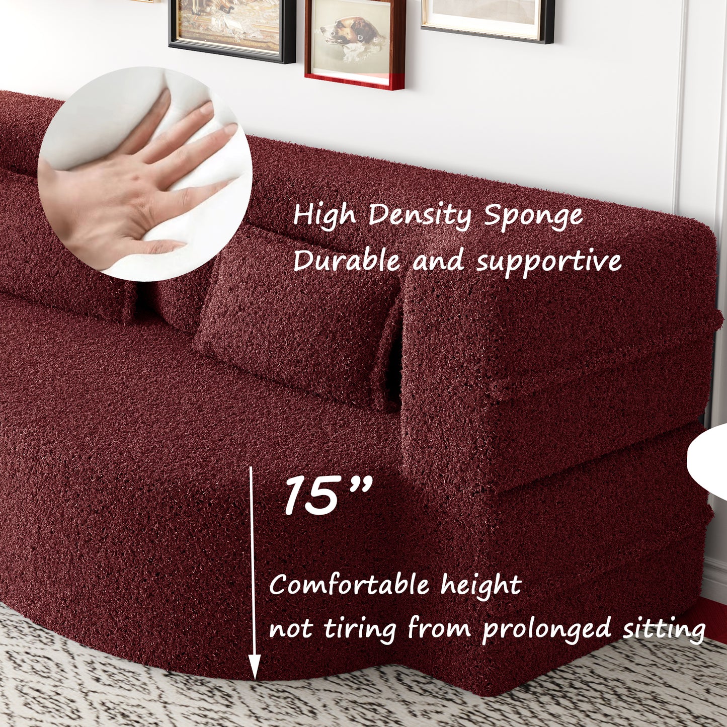 Modern Floor Sofa with 2 Pillows,Convertible Teddy Fabric Foam-Filled Sleeper Sofa Bed,15" Full Size Folding Mattress for Living Room,Guest Bed,no assembly required,Burgundy