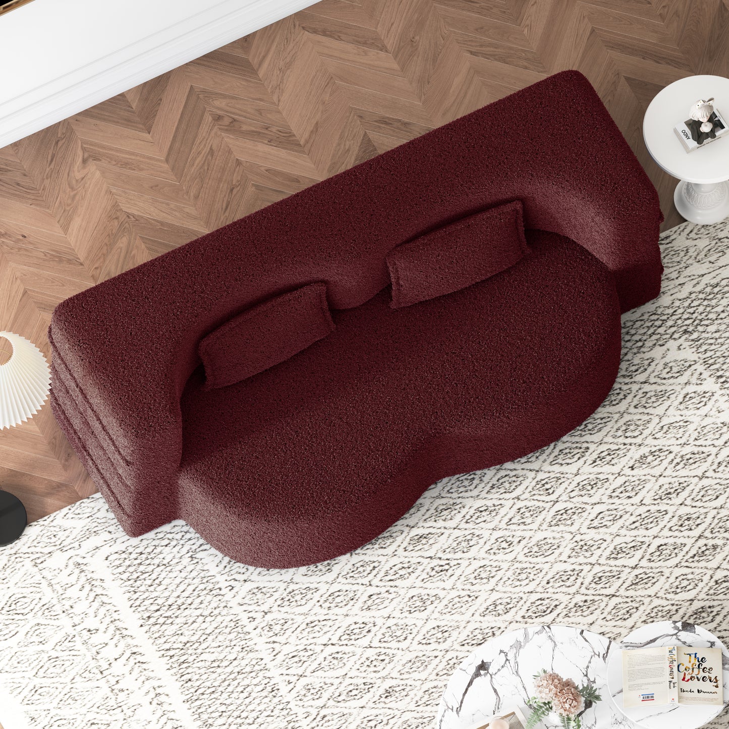 Modern Floor Sofa with 2 Pillows,Convertible Teddy Fabric Foam-Filled Sleeper Sofa Bed,15" Full Size Folding Mattress for Living Room,Guest Bed,no assembly required,Burgundy