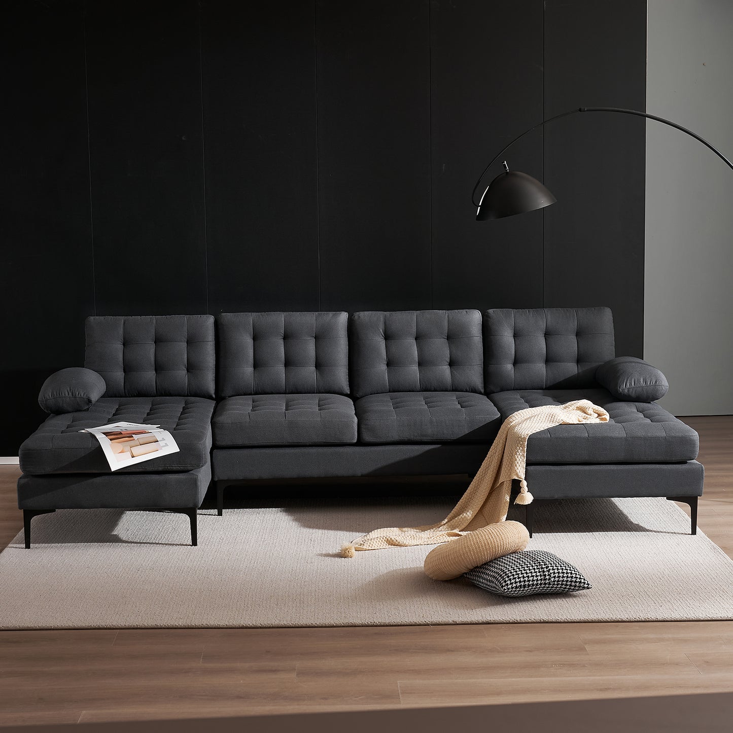 U-shaped Soft-Covered Armrest Backrest Seat Pull Point Wooden Frame Iron Frame Black Feet Indoor Sectional Sofa  Dark Gray