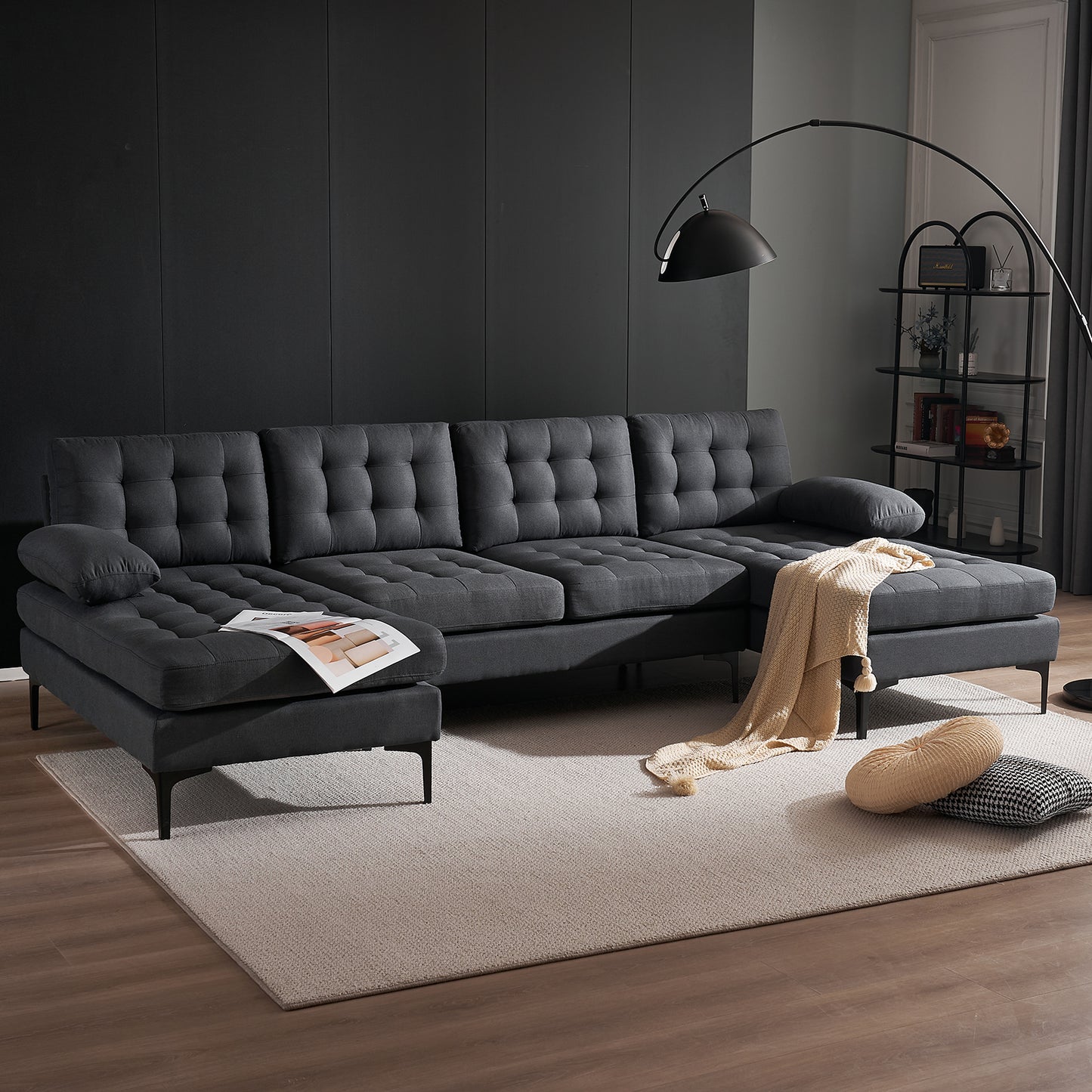 U-shaped Soft-Covered Armrest Backrest Seat Pull Point Wooden Frame Iron Frame Black Feet Indoor Sectional Sofa  Dark Gray