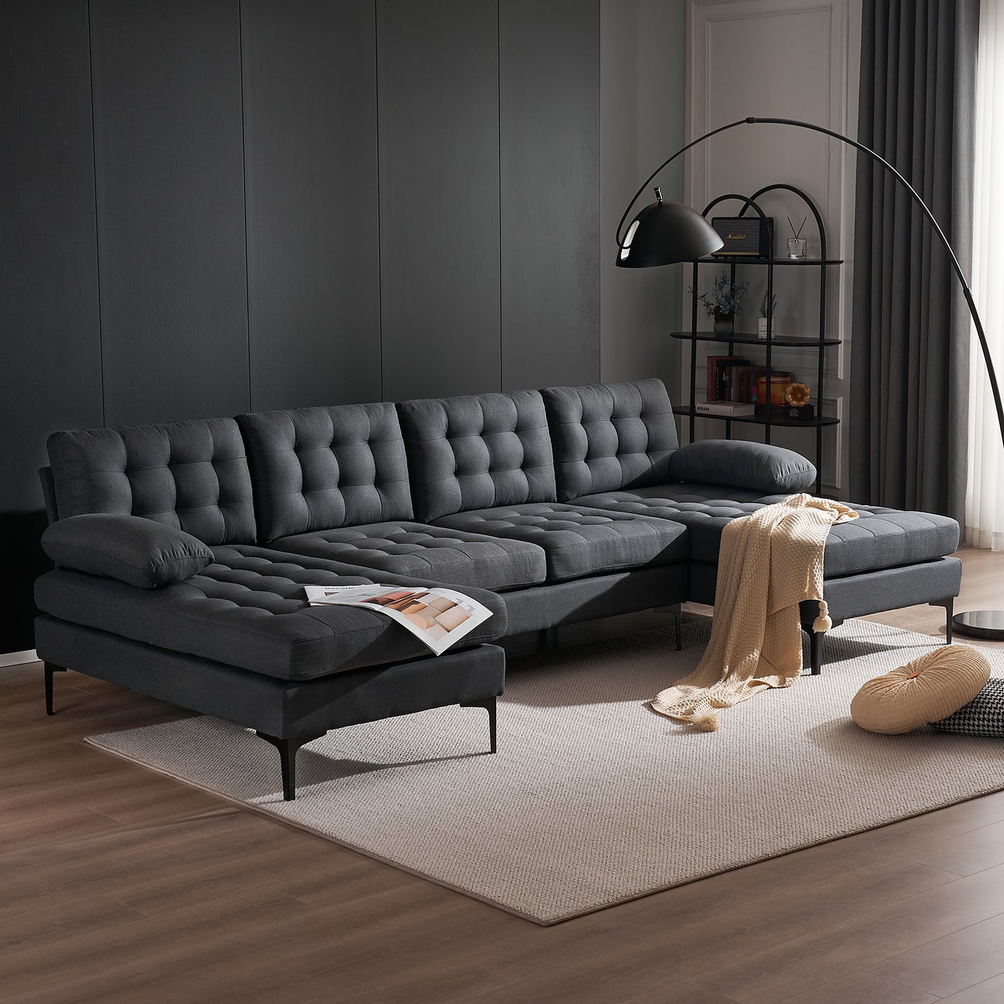 U-shaped Soft-Covered Armrest Backrest Seat Pull Point Wooden Frame Iron Frame Black Feet Indoor Sectional Sofa  Dark Gray