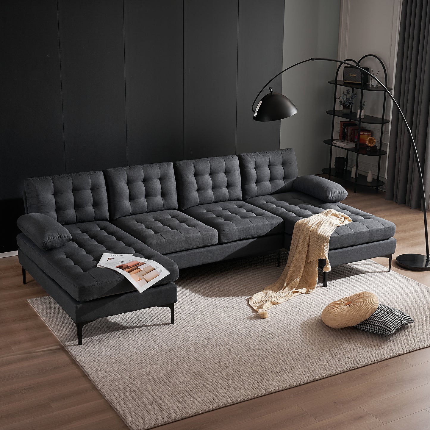 U-shaped Soft-Covered Armrest Backrest Seat Pull Point Wooden Frame Iron Frame Black Feet Indoor Sectional Sofa  Dark Gray