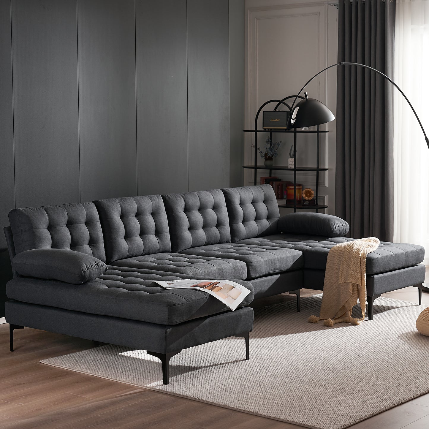 U-shaped Soft-Covered Armrest Backrest Seat Pull Point Wooden Frame Iron Frame Black Feet Indoor Sectional Sofa  Dark Gray