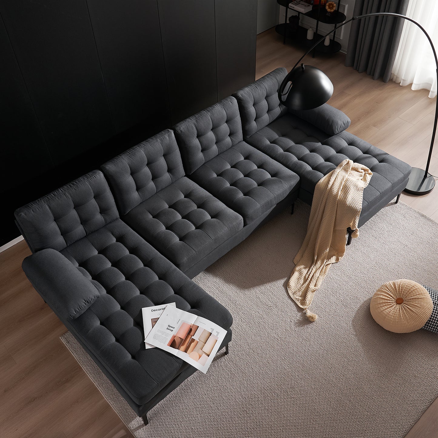 U-shaped Soft-Covered Armrest Backrest Seat Pull Point Wooden Frame Iron Frame Black Feet Indoor Sectional Sofa  Dark Gray