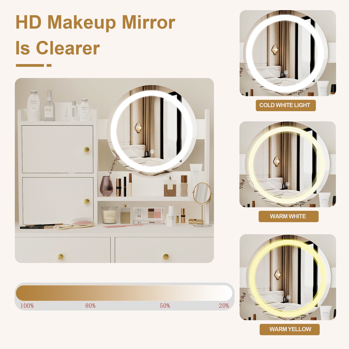 Fashion Vanity Desk with Mirror and Lights for Makeup and Cushioned Chair, Vanity Mirror with Lights and Table Set with 3 Color Lighting Brightness Adjustable,Dressing table, White Color