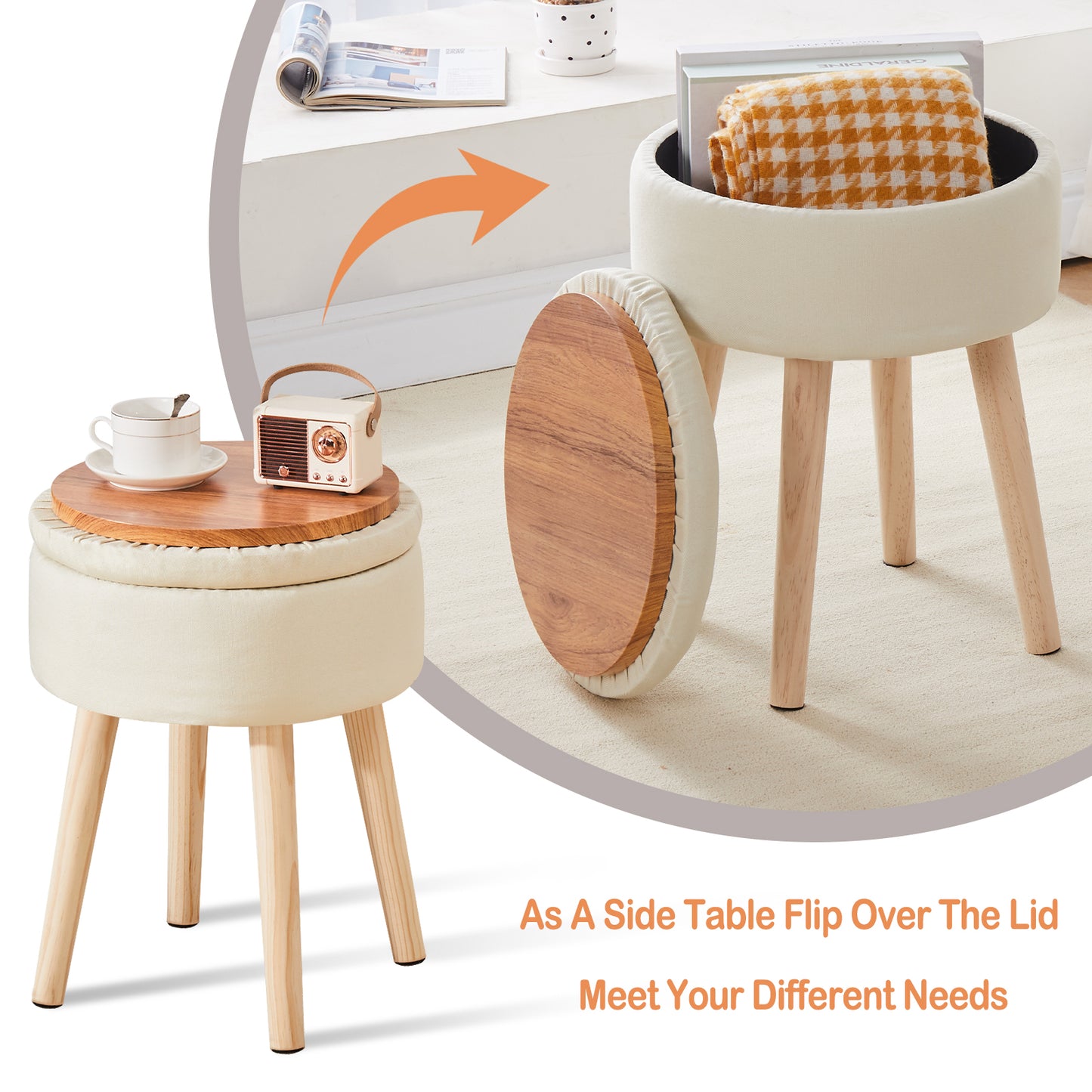 （原SKU:13041120）Storage Ottoman Linen Round Vanity Stool Tray Top Modern Foot Stool with Wood Legs Multifunctional Upholstered Foot Ottoman Rest for Living Room, Bathroom, Makeup White（Temu仅自提）