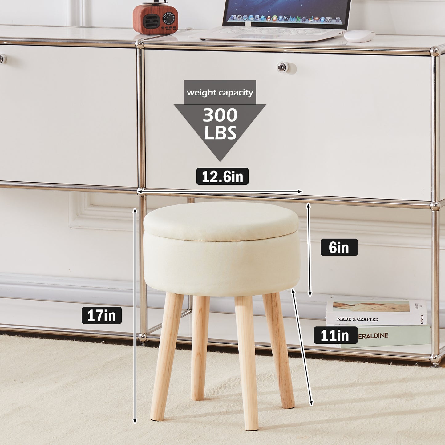 （原SKU:13041120）Storage Ottoman Linen Round Vanity Stool Tray Top Modern Foot Stool with Wood Legs Multifunctional Upholstered Foot Ottoman Rest for Living Room, Bathroom, Makeup White（Temu仅自提）