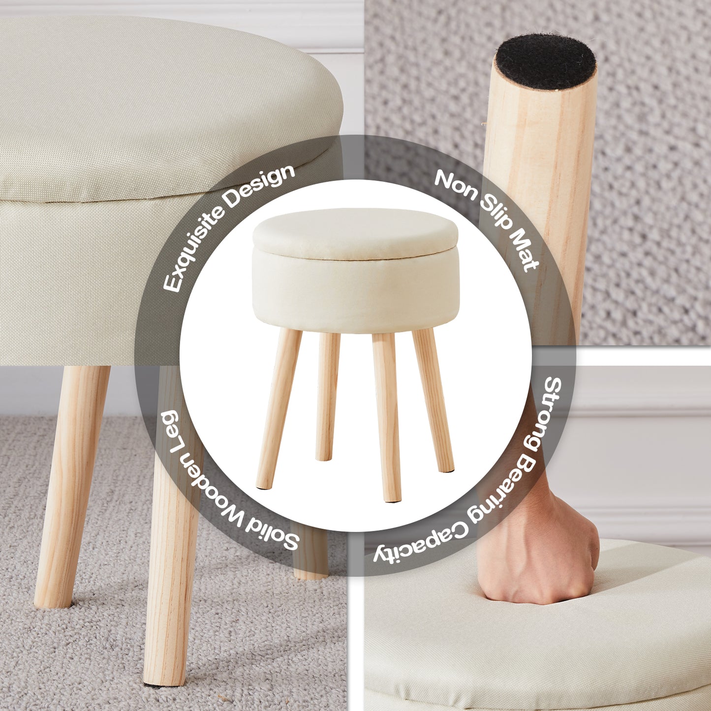 （原SKU:13041120）Storage Ottoman Linen Round Vanity Stool Tray Top Modern Foot Stool with Wood Legs Multifunctional Upholstered Foot Ottoman Rest for Living Room, Bathroom, Makeup White（Temu仅自提）