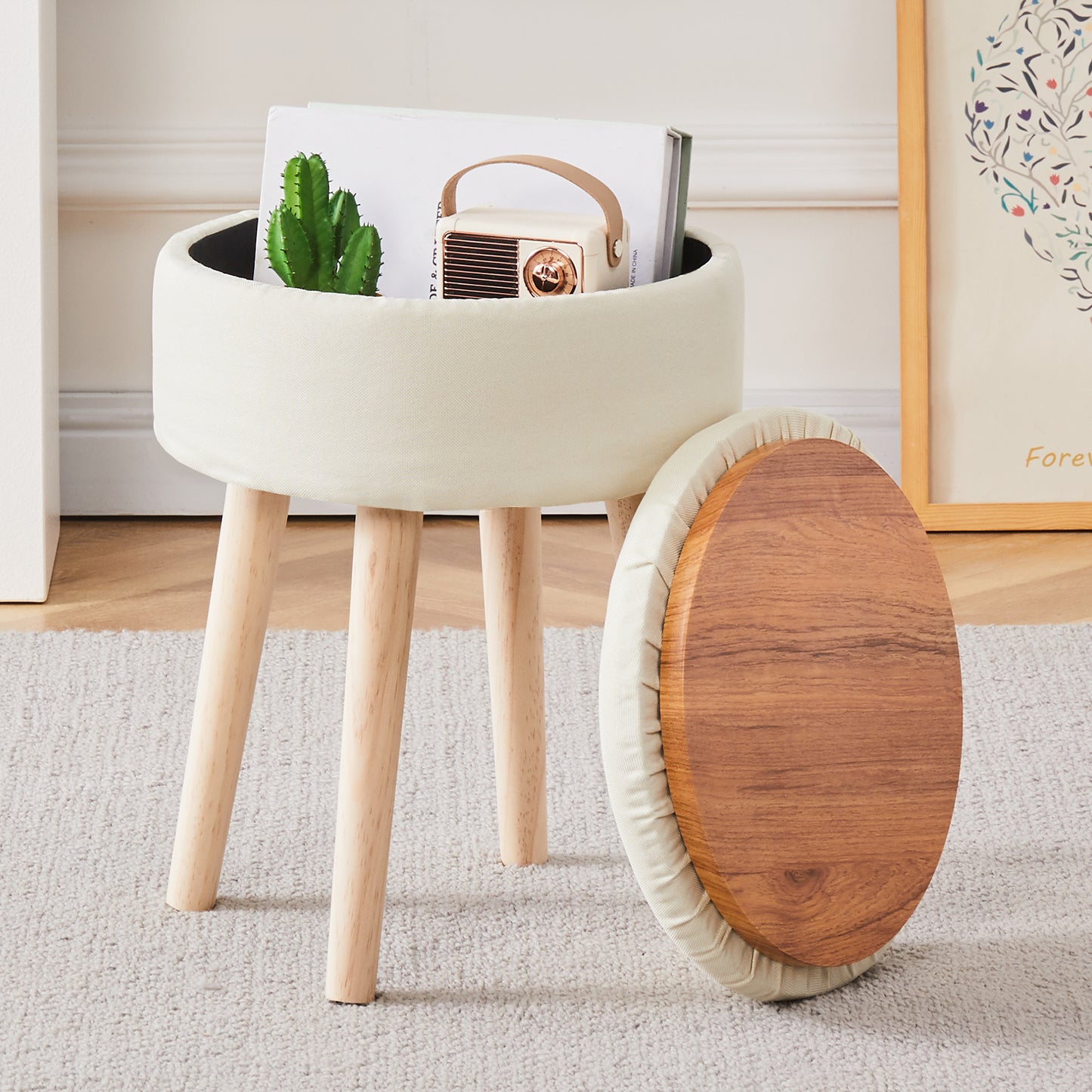 （原SKU:13041120）Storage Ottoman Linen Round Vanity Stool Tray Top Modern Foot Stool with Wood Legs Multifunctional Upholstered Foot Ottoman Rest for Living Room, Bathroom, Makeup White（Temu仅自提）
