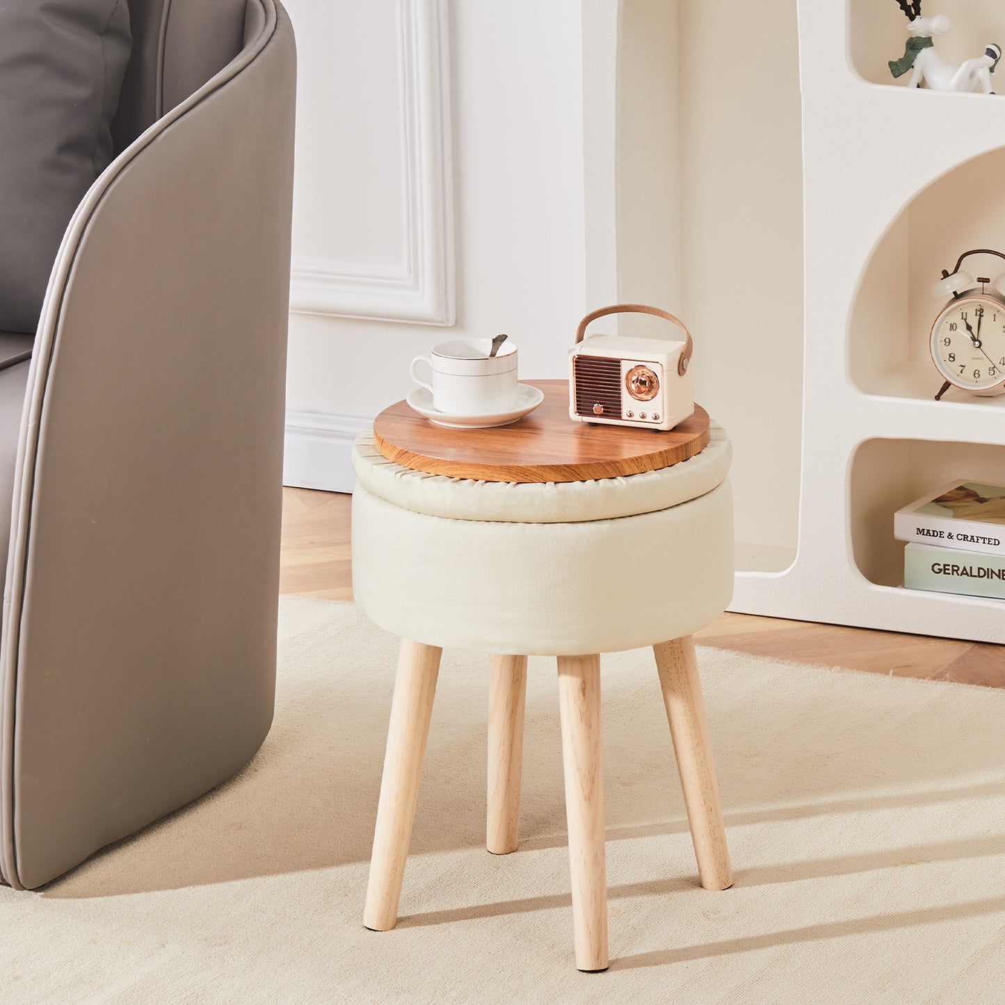 （原SKU:13041120）Storage Ottoman Linen Round Vanity Stool Tray Top Modern Foot Stool with Wood Legs Multifunctional Upholstered Foot Ottoman Rest for Living Room, Bathroom, Makeup White（Temu仅自提）