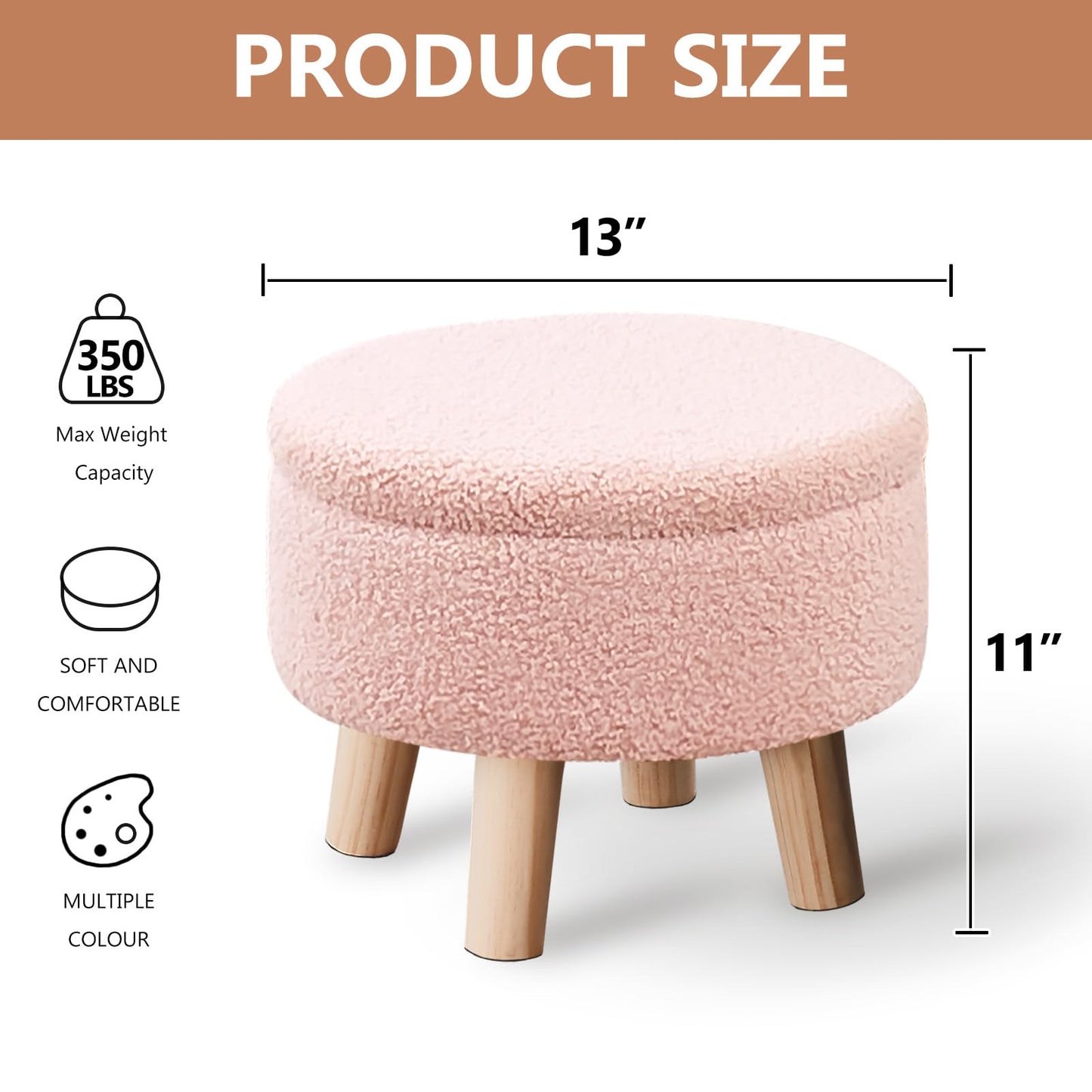 Storage Ottoman, Modern Round Footrest with Soft Padded Seat, Teddy Velvet Footstool with Wood Legs, Accent Small Table or Plant Stand for Hallway, Living Room (Pink)