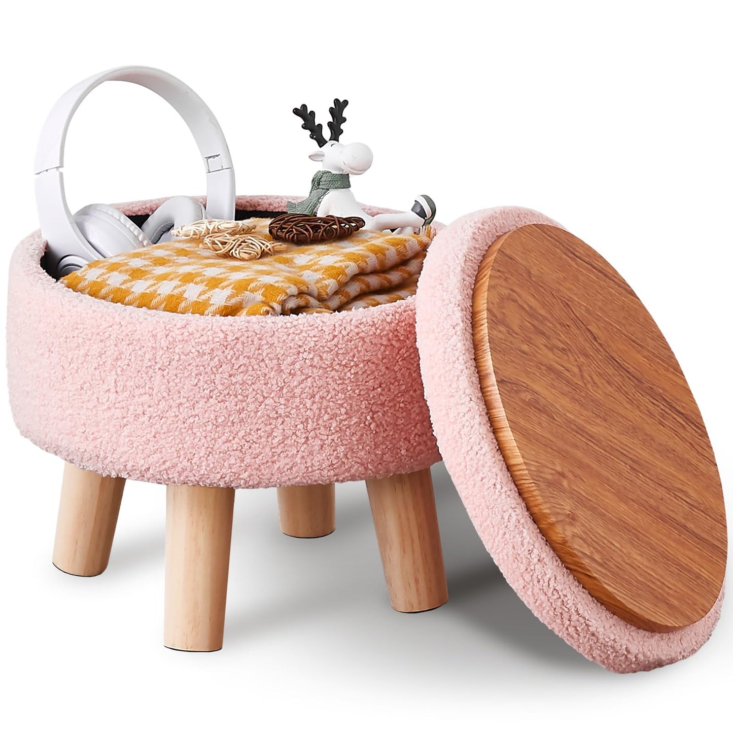 Storage Ottoman, Modern Round Footrest with Soft Padded Seat, Teddy Velvet Footstool with Wood Legs, Accent Small Table or Plant Stand for Hallway, Living Room (Pink)