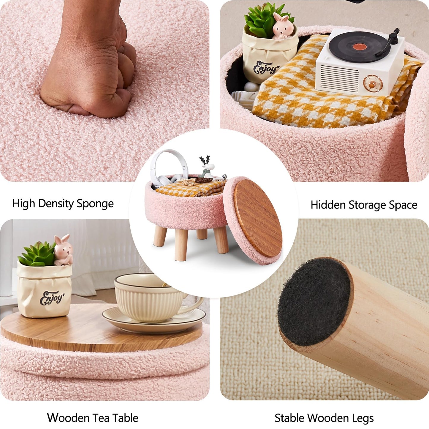 Storage Ottoman, Modern Round Footrest with Soft Padded Seat, Teddy Velvet Footstool with Wood Legs, Accent Small Table or Plant Stand for Hallway, Living Room (Pink)