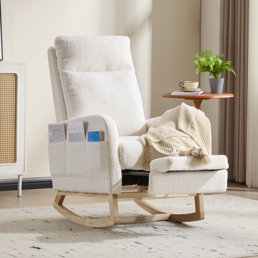 Modern Accent Rocking Chair Rocking Chair with Solid Wood Legs, Upholstered Nursery Glider Rocker, Comfy Armchair with Side Pocket, Living Room Lounge Arm Chair with High Backrest (White,teddy)